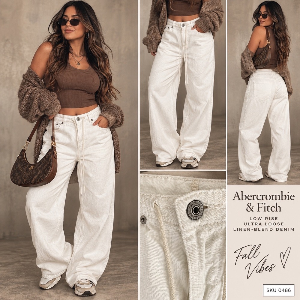 Abercrombie & Fitch Low Rise Ultra Loose Linen-Blend Denim White Pants 28S 0486